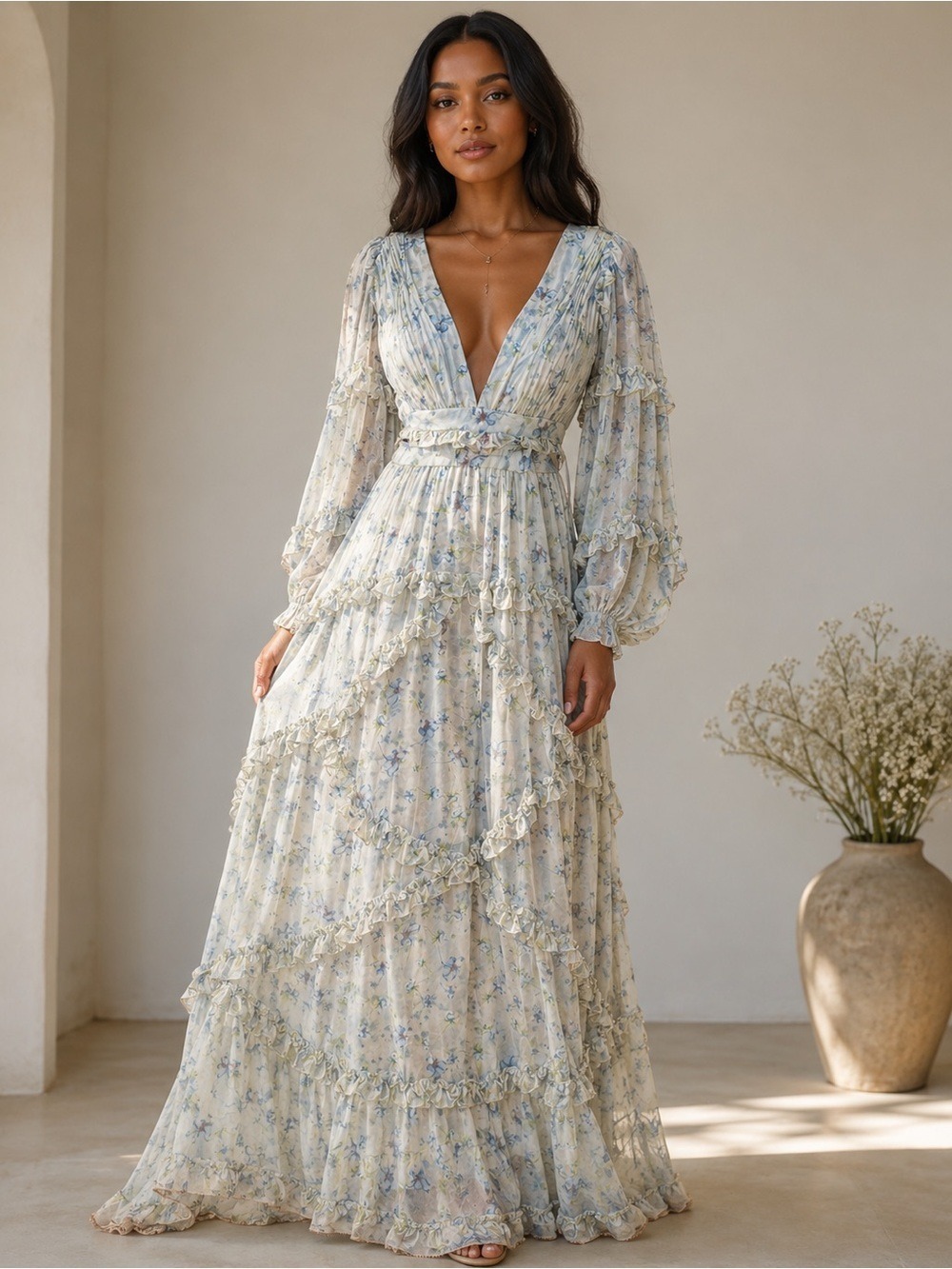 Mac Duggal Pale Blue Floral Ruffled V-Neck Maxi Dress. NWT